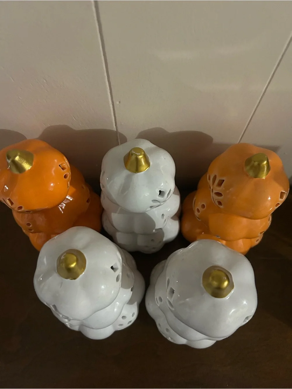 Ceramic Pumpkin Stack Lanterns - White and Orange with Gold Tops 5 pieces